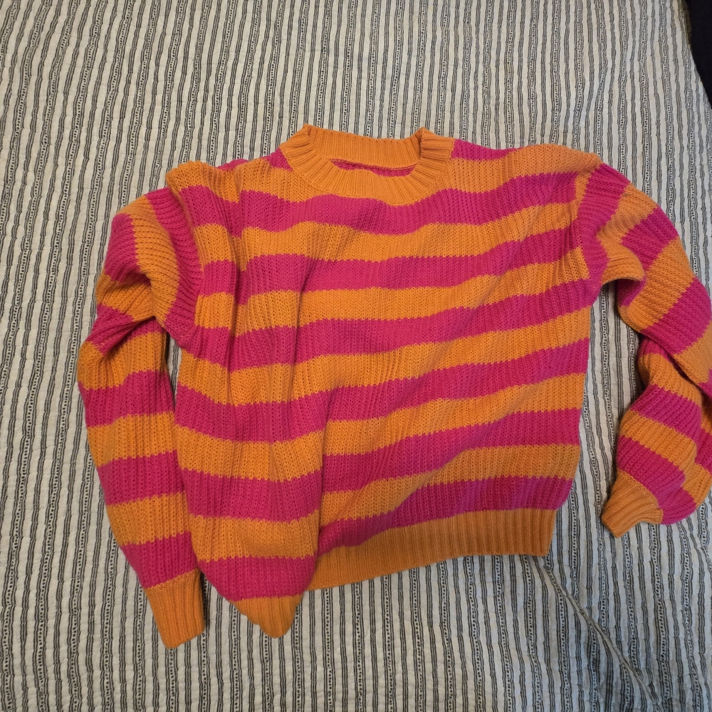 SHEIN Orange and Pink Striped Crew Neck Sweater
